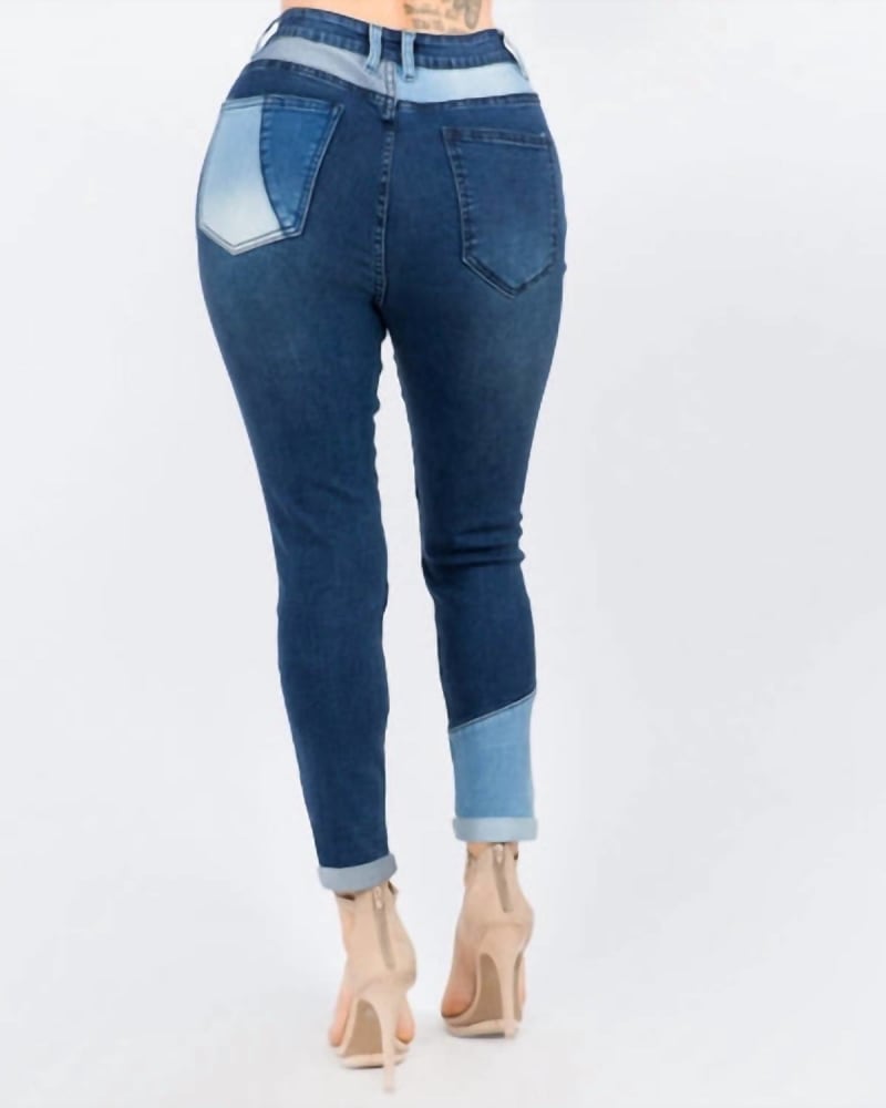 Plus Size Color Block Trim High Waist Skinny Jeans in Blue Blue